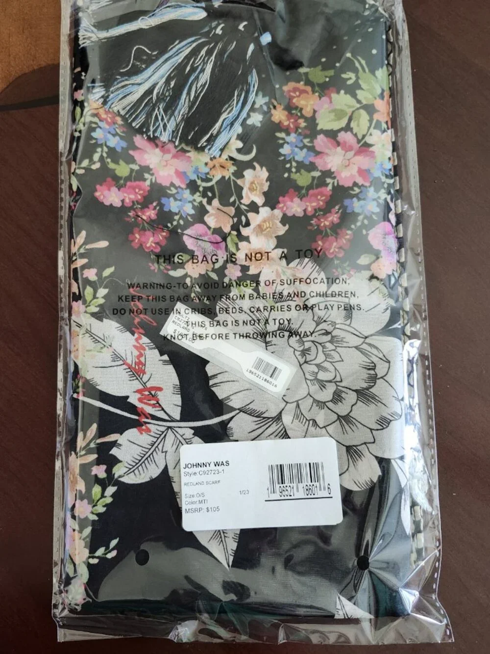 Johnny Was Redland Silk Scarf Square Large Floral Scarves Black White Tassel -BN